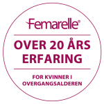 Badge med texten Femarelle, over 20 års erfaring, for kvinner i overgangsalderen.